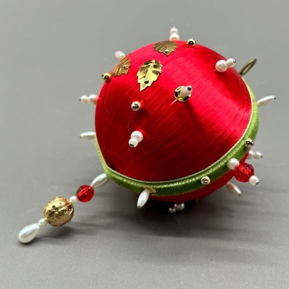 Vintage Handmade Push Pin Christmas Ornament Red Satin Gold Sequin Beaded White - Picture 3 of 6